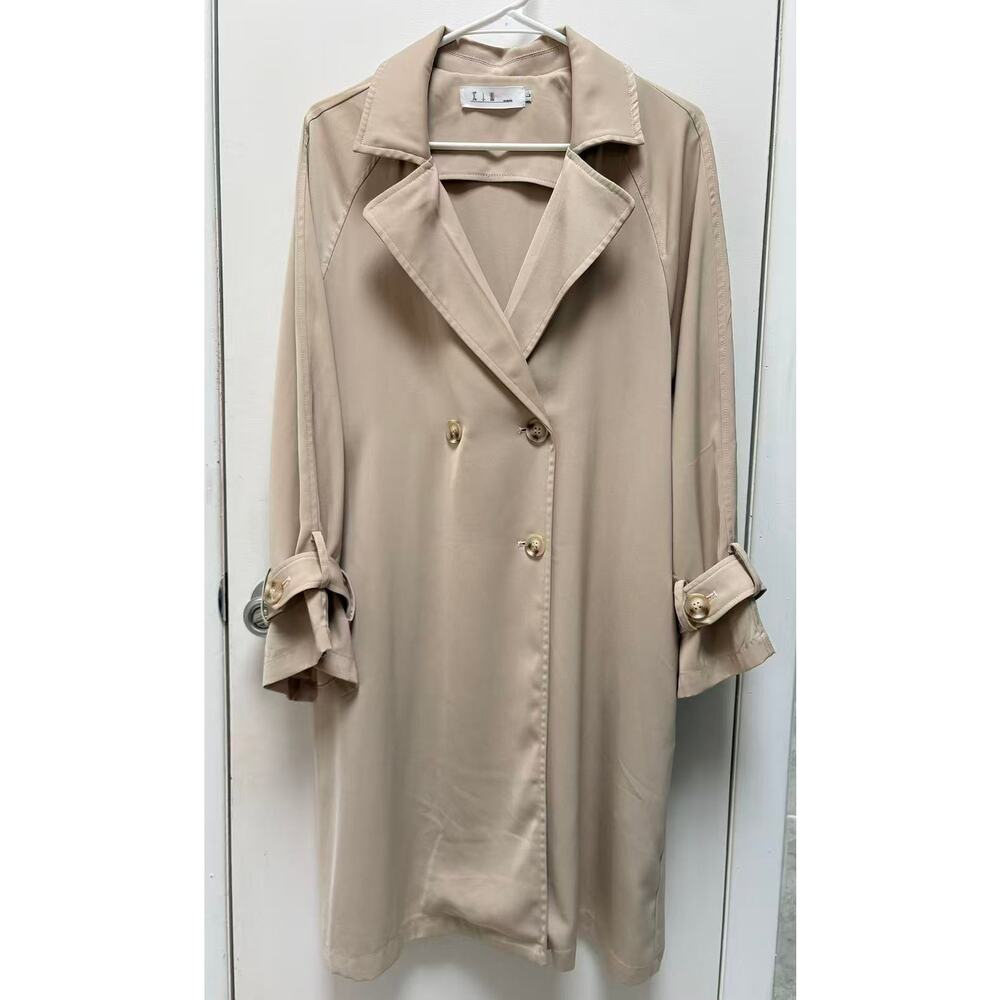 Beige Silk Trench Coat Women Buttoned Cuff Straps
